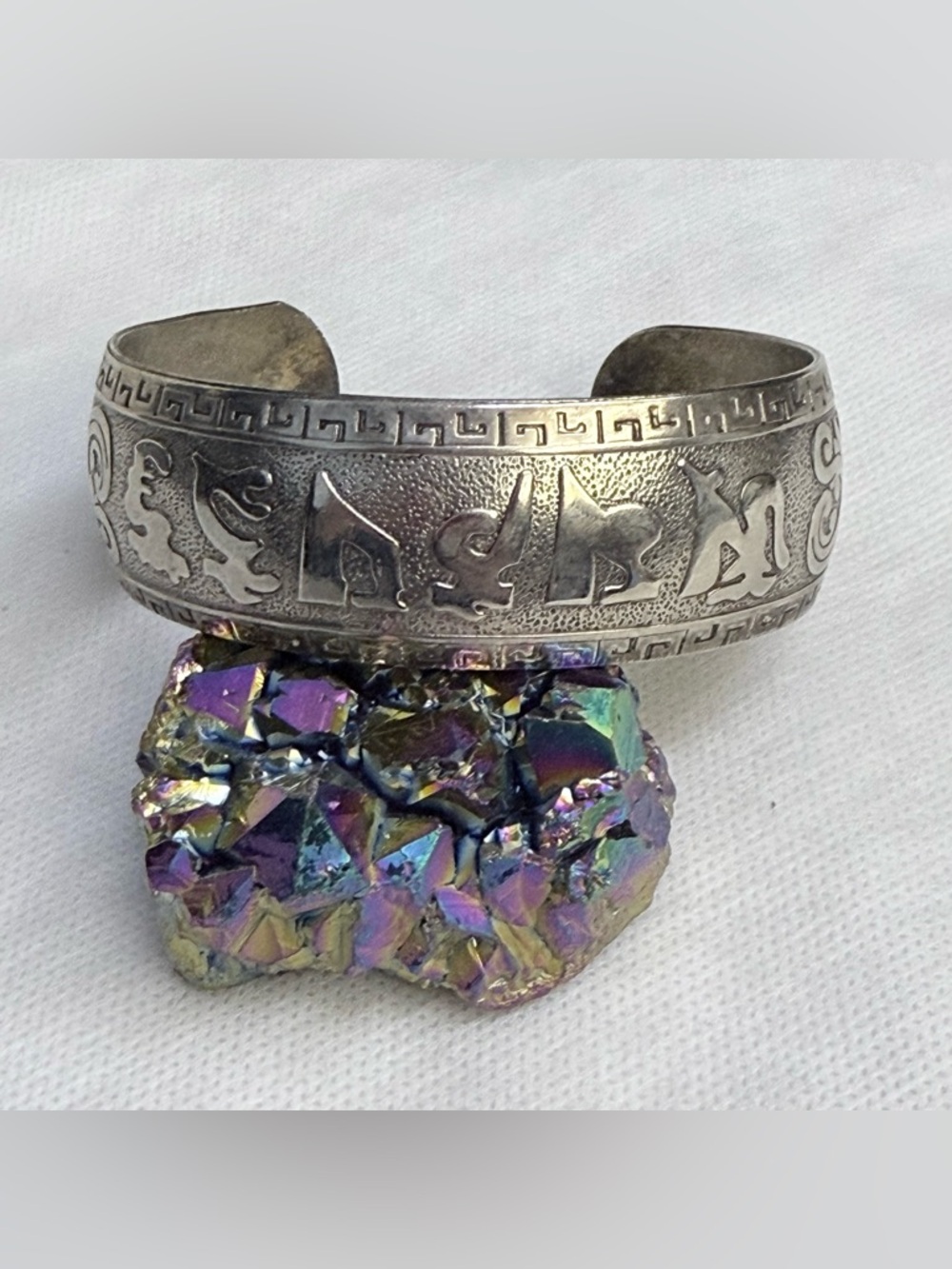 Vintage Miao silver Asian prayer cuff bracelet